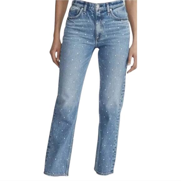 Rebecca Minkoff Light Blue Denim‎ Crystal Studded Straight Jeans Plus 18 20 NEW - Picture 1 of 12